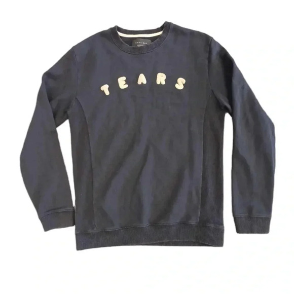 Zara Man Tears  Blue Knit Embroidered Pullover Sweater Size Medium - Picture 6 of 10